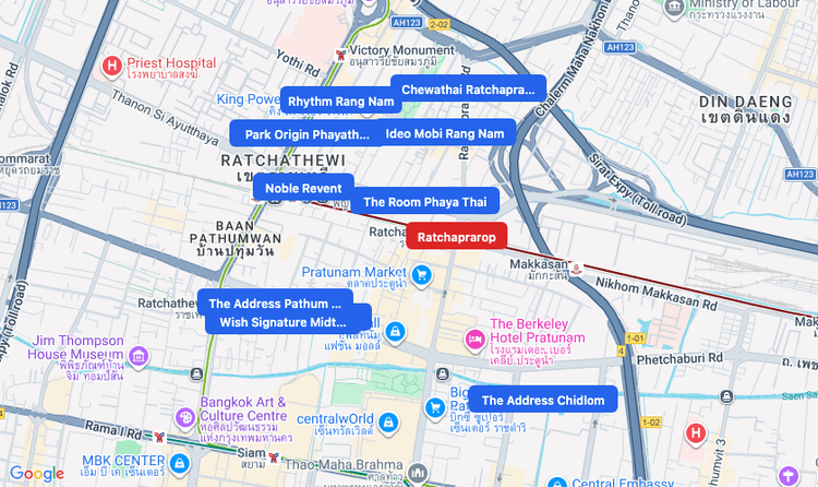 Screenshot of Ratchaprarop (ARL) area showing nearby condos and landmarks in Bangkok