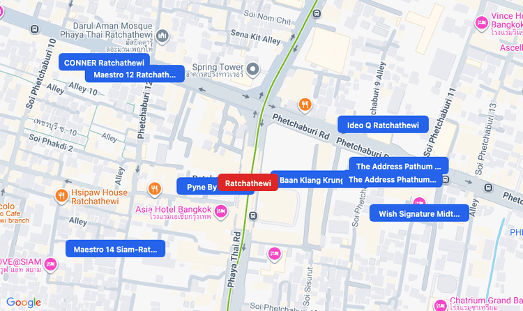 Screenshot of Ratchathewi (BTS Sukhumvit (Green)) area showing nearby condos and landmarks in Bangkok