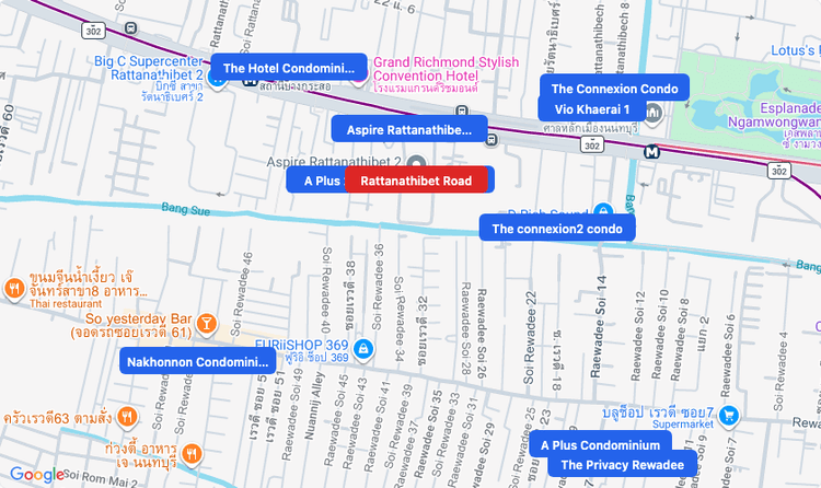 Screenshot of Rattanathibet Road (area) area showing nearby condos and landmarks in Bangkok