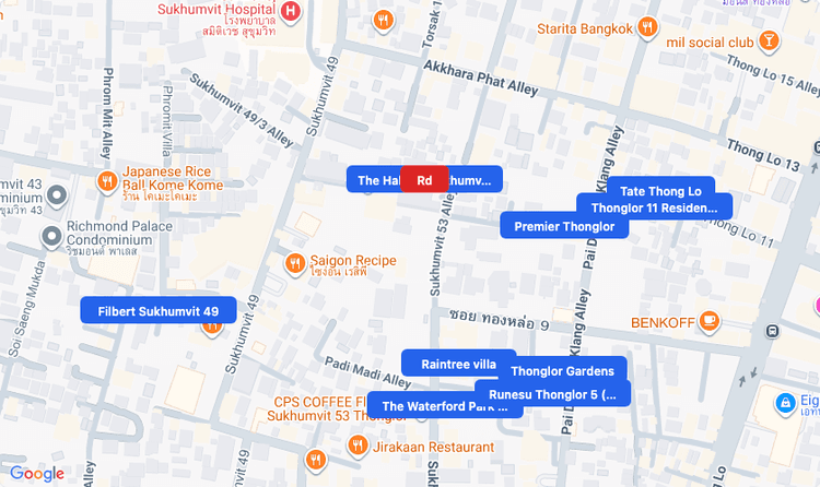 Screenshot of Rd (area) area showing nearby condos and landmarks in Bangkok