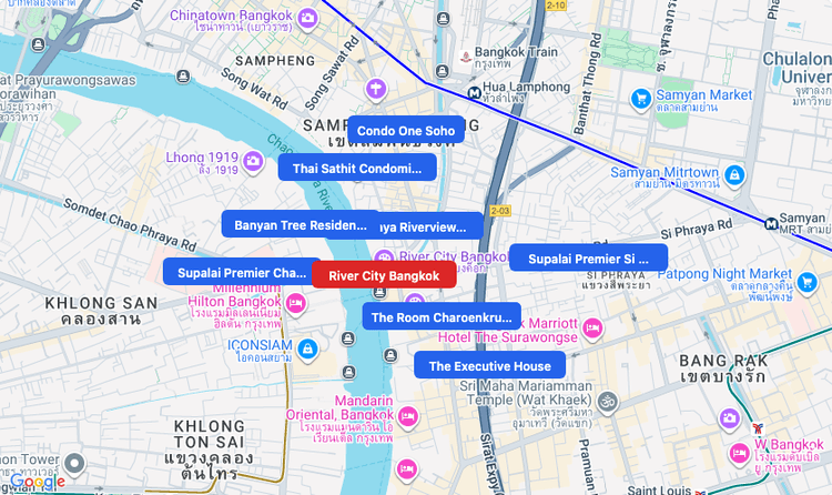 Screenshot of River City Bangkok (shopping) area showing nearby condos and landmarks in Bangkok