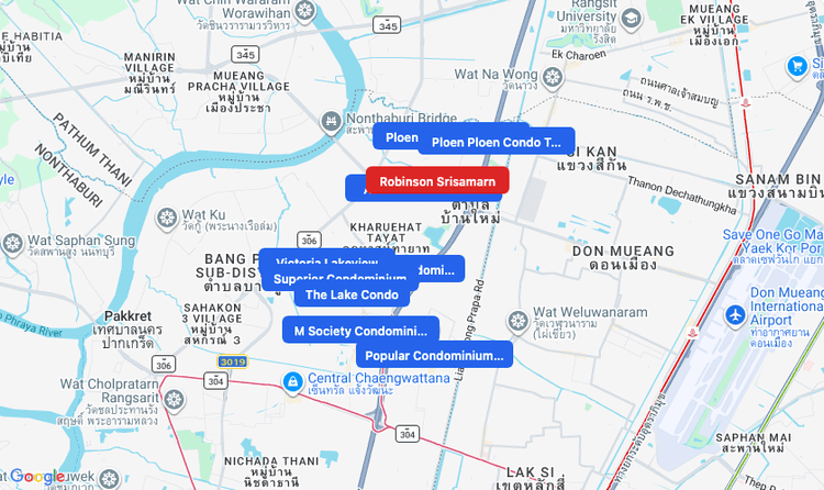 Screenshot of Robinson Srisamarn (shopping) area showing nearby condos and landmarks in Bangkok