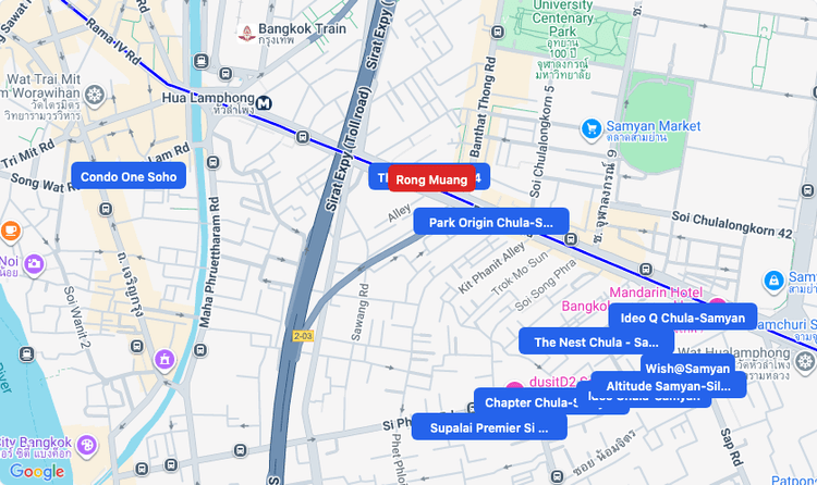 Screenshot of Rong Muang (area) area showing nearby condos and landmarks in Bangkok