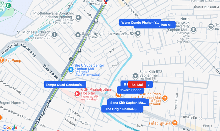 Screenshot of Sai Mai (area) area showing nearby condos and landmarks in Bangkok