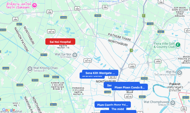 Screenshot of Sai Noi Hospital (hospital) area showing nearby condos and landmarks in Bangkok