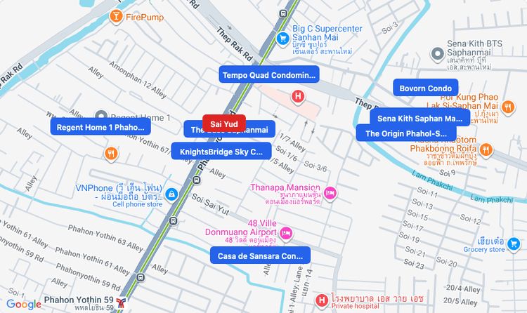 Screenshot of Sai Yud (BTS Sukhumvit (Green)) area showing nearby condos and landmarks in Bangkok