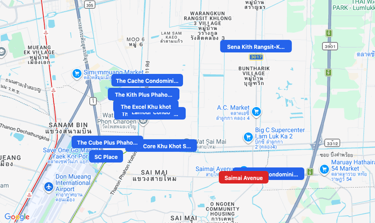 Screenshot of Saimai Avenue (shopping) area showing nearby condos and landmarks in Bangkok