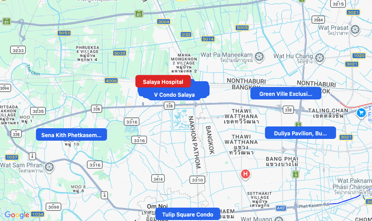 Screenshot of Salaya Hospital (hospital) area showing nearby condos and landmarks in Bangkok
