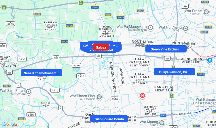 Screenshot of Salaya (area) area showing nearby condos and landmarks in Bangkok