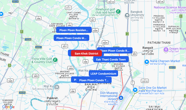 Screenshot of Sam Khok District (area) area showing nearby condos and landmarks in Bangkok