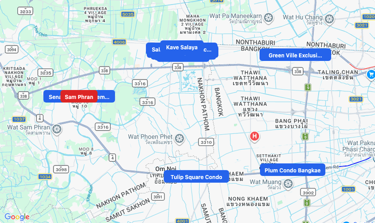 Screenshot of Sam Phran (area) area showing nearby condos and landmarks in Bangkok