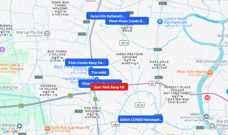 Screenshot of Sam Yaek Bang Yai (MRT Purple) area showing nearby condos and landmarks in Bangkok