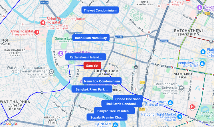 Screenshot of Sam Yot (MRT Blue) area showing nearby condos and landmarks in Bangkok