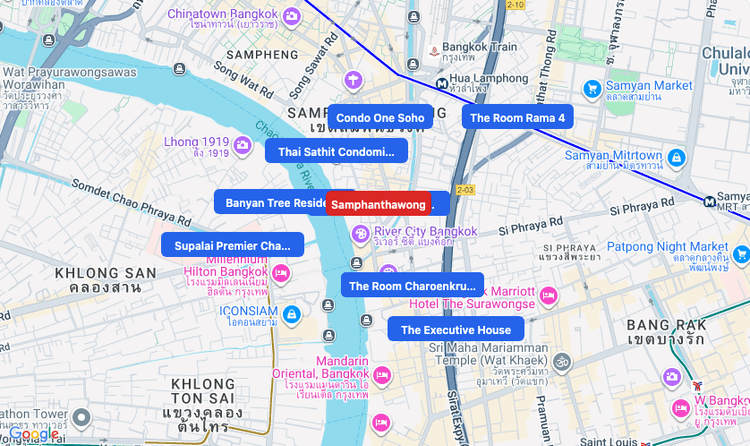 Screenshot of Samphanthawong (area) area showing nearby condos and landmarks in Bangkok
