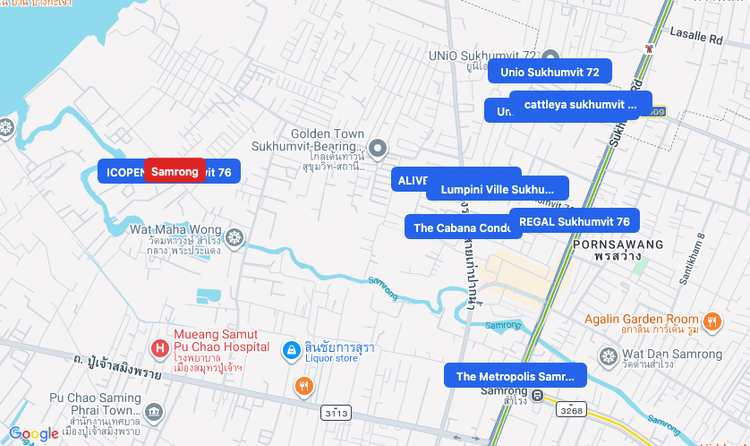 Screenshot of Samrong (area) area showing nearby condos and landmarks in Bangkok