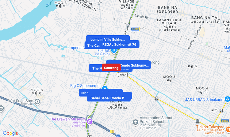 Screenshot of Samrong (area) area showing nearby condos and landmarks in Bangkok