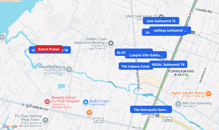Screenshot of Samut Prakan (area) area showing nearby condos and landmarks in Bangkok