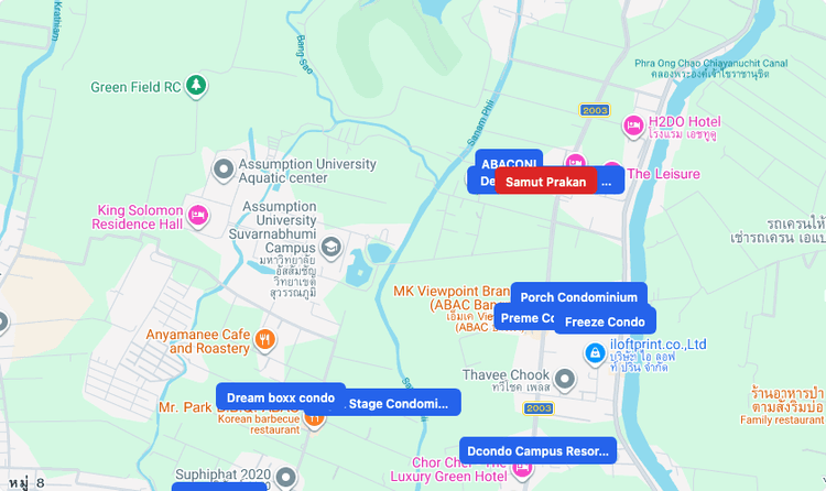 Screenshot of Samut Prakan (area) area showing nearby condos and landmarks in Bangkok