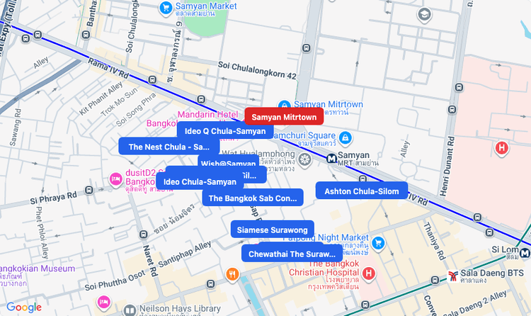 Screenshot of Samyan Mitrtown (shopping) area showing nearby condos and landmarks in Bangkok