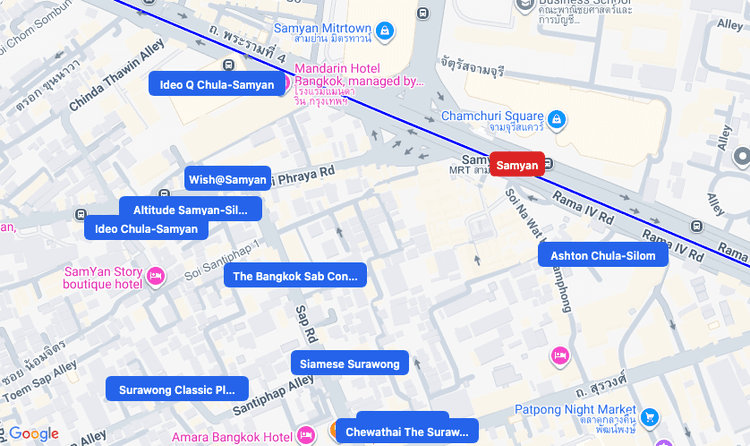 Screenshot of Samyan (MRT Blue) area showing nearby condos and landmarks in Bangkok
