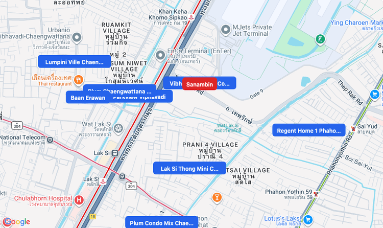 Screenshot of Sanambin (area) area showing nearby condos and landmarks in Bangkok