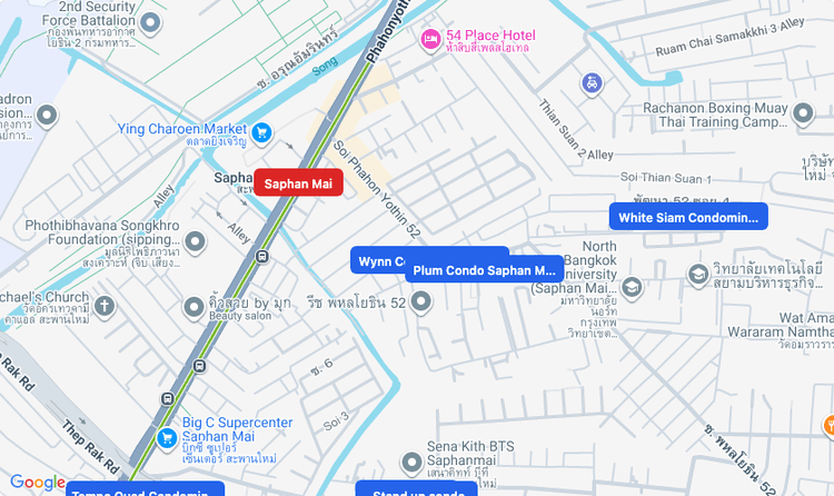 Screenshot of Saphan Mai (BTS Sukhumvit (Green)) area showing nearby condos and landmarks in Bangkok