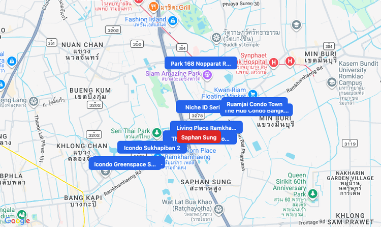Screenshot of Saphan Sung (area) area showing nearby condos and landmarks in Bangkok