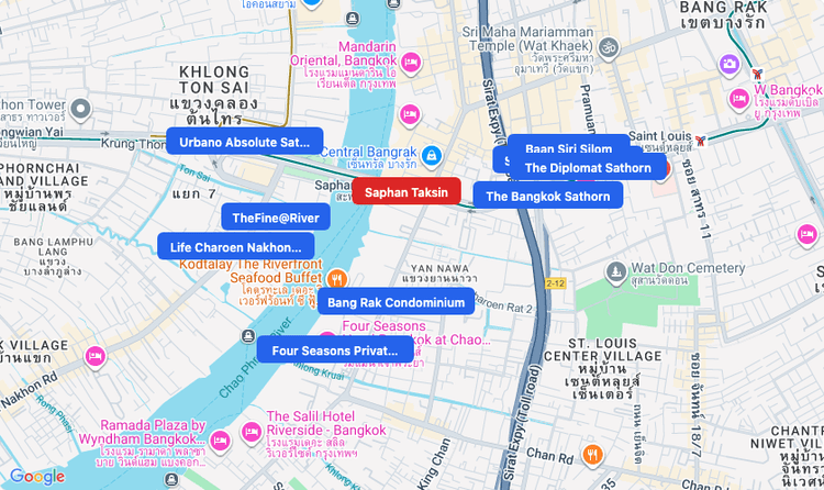 Screenshot of Saphan Taksin (BTS Silom (Green)) area showing nearby condos and landmarks in Bangkok