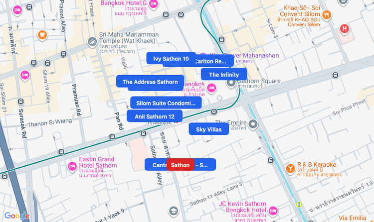 Screenshot of Sathon (area) area showing nearby condos and landmarks in Bangkok