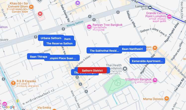 Screenshot of Sathorn District (area) area showing nearby condos and landmarks in Bangkok