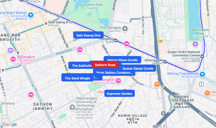 Screenshot of Sathorn Road (area) area showing nearby condos and landmarks in Bangkok