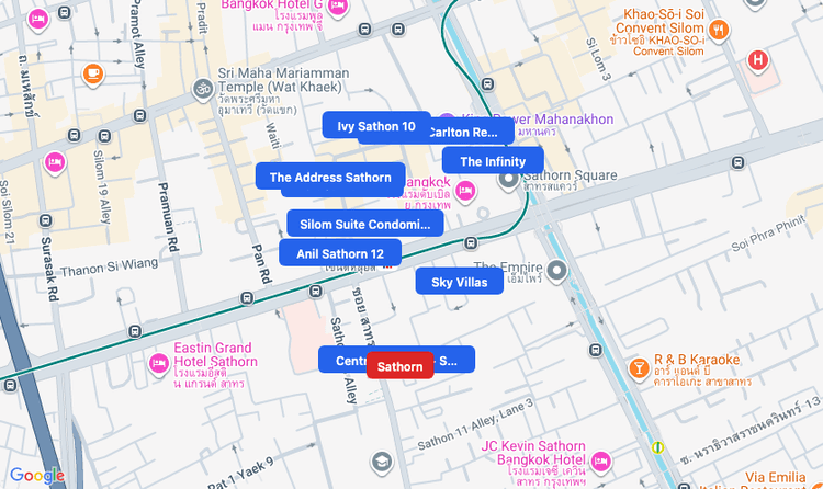 Screenshot of Sathorn (area) area showing nearby condos and landmarks in Bangkok
