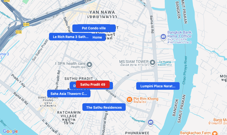 Screenshot of Sathu Pradit 49 (area) area showing nearby condos and landmarks in Bangkok