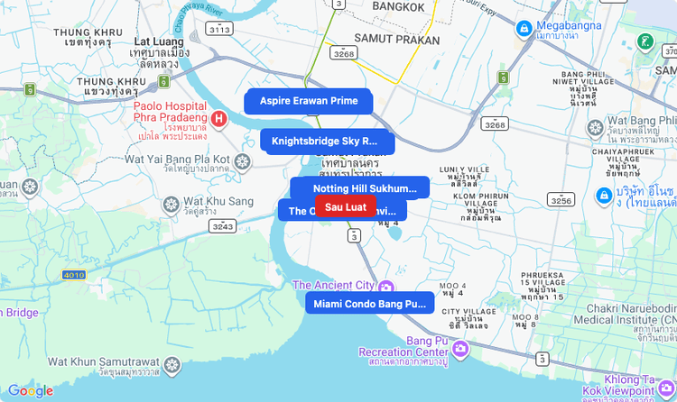 Screenshot of Sau Luat (BTS Sukhumvit (Green)) area showing nearby condos and landmarks in Bangkok