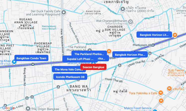 Screenshot of Seacon Bangkae (shopping) area showing nearby condos and landmarks in Bangkok