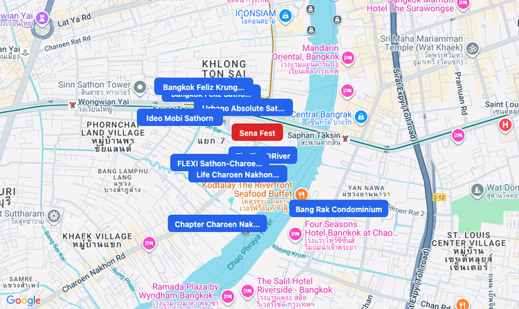 Screenshot of Sena Fest (shopping) area showing nearby condos and landmarks in Bangkok