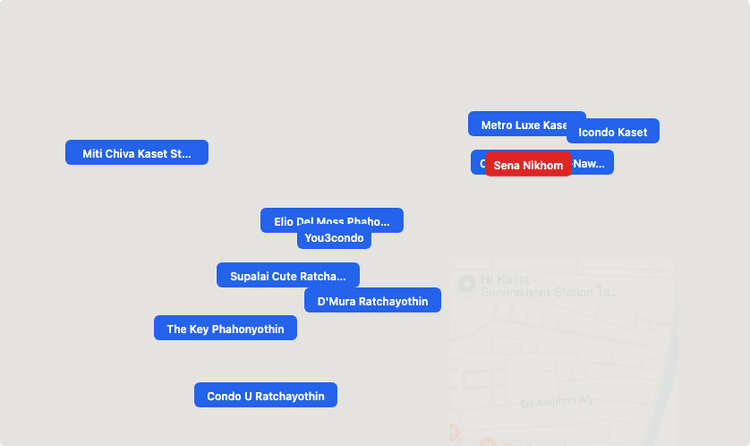 Screenshot of Sena Nikhom (area) area showing nearby condos and landmarks in Bangkok