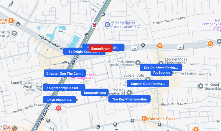 Screenshot of Senanikhom (area) area showing nearby condos and landmarks in Bangkok