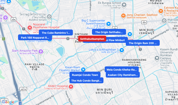 Screenshot of Setthabutbamphen (MRT Pink) area showing nearby condos and landmarks in Bangkok