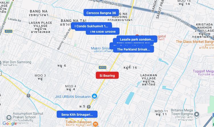 Screenshot of Si Bearing (MRT Yellow) area showing nearby condos and landmarks in Bangkok