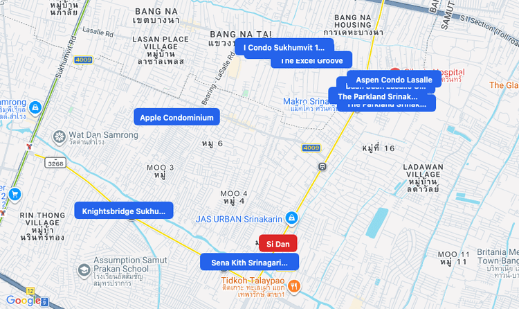 Screenshot of Si Dan (MRT Yellow) area showing nearby condos and landmarks in Bangkok