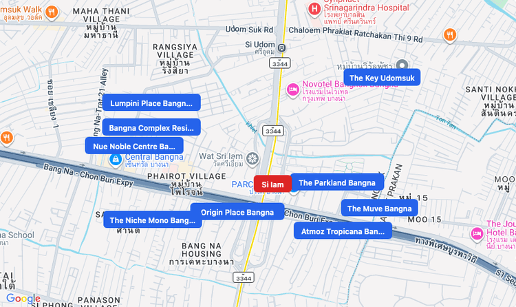 Screenshot of Si Iam (MRT Yellow) area showing nearby condos and landmarks in Bangkok