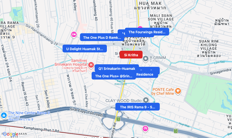 Screenshot of Si Kritha (MRT Yellow) area showing nearby condos and landmarks in Bangkok