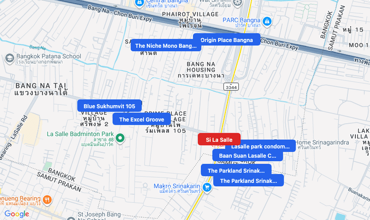 Screenshot of Si La Salle (MRT Yellow) area showing nearby condos and landmarks in Bangkok