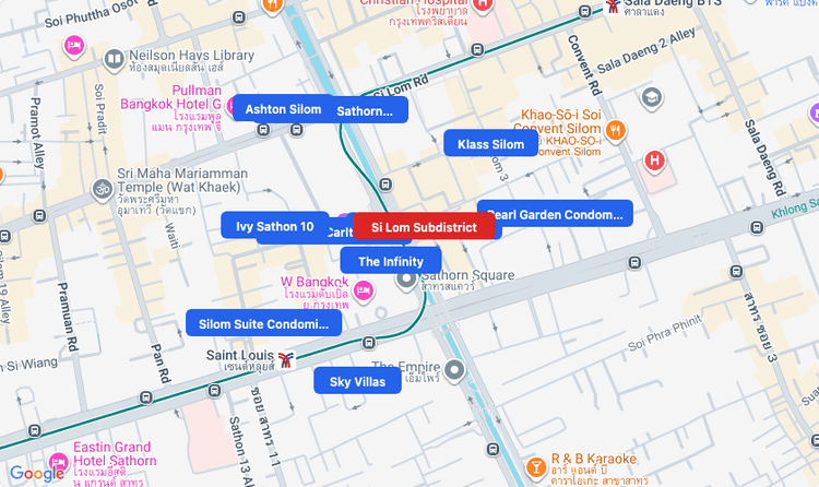 Screenshot of Si Lom Subdistrict (area) area showing nearby condos and landmarks in Bangkok