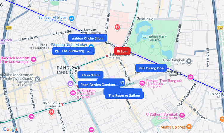 Screenshot of Si Lom (MRT Blue) area showing nearby condos and landmarks in Bangkok