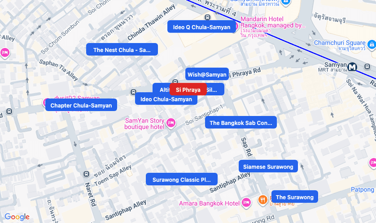 Screenshot of Si Phraya (area) area showing nearby condos and landmarks in Bangkok