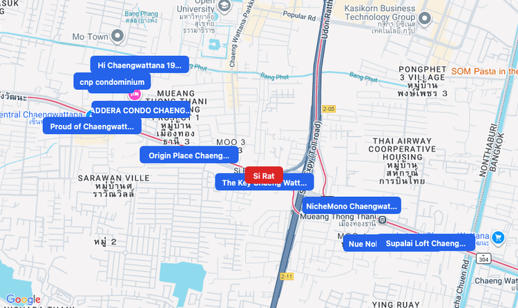 Screenshot of Si Rat (MRT Pink) area showing nearby condos and landmarks in Bangkok