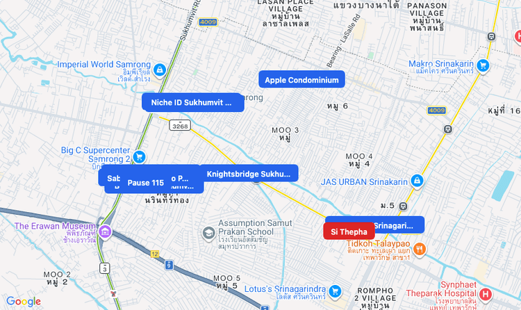 Screenshot of Si Thepha (MRT Yellow) area showing nearby condos and landmarks in Bangkok