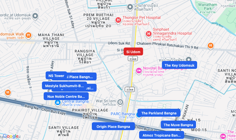 Screenshot of Si Udom (MRT Yellow) area showing nearby condos and landmarks in Bangkok
